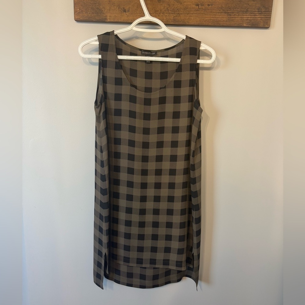 Eileen Fisher Tunic Dress Olive Green & Black Plaid/Checkered Scoop Neck